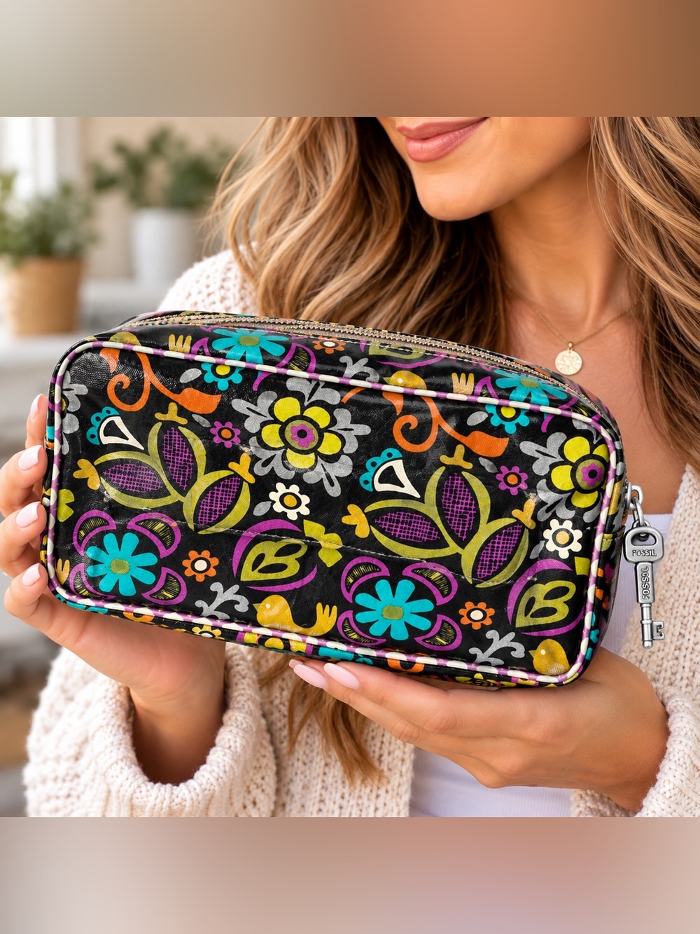 Fossil Multicolor Floral Bird Coated Canvas Cosmetic Travel Pouch Bag